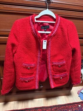 Talbots Red Tweed ' Cropped Jacket with Pink Trim
